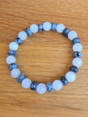 White Jade & Gray Larvikite Beads Bracelet, Stretch, Hand Crafted